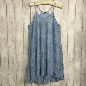 Emmelee Francescas Blue Floral Lace Embroidered Lined Strappy Mini Shift Dress